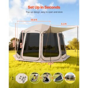 screen house tent, 12 x 11 ft, 10 12 person pop up screen tent with extended awning, portable screened in canopy with carry bag, netting sides, for patio, backyard, and outdoor activities, beige