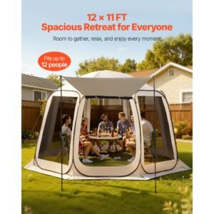 screen house tent, 12 x 11 ft, 10 12 person pop up screen tent with extended awning, portable screened in canopy with carry bag, netting sides, for patio, backyard, and outdoor activities, beige