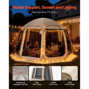 screen house tent, 12 x 11 ft, 10 12 person pop up screen tent with extended awning, portable screened in canopy with carry bag, netting sides, for patio, backyard, and outdoor activities, beige