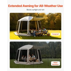 screen house tent, 12 x 11 ft, 10 12 person pop up screen tent with extended awning, portable screened in canopy with carry bag, netting sides, for patio, backyard, and outdoor activities, beige