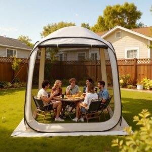 screen house tent, 6 x 6 ft, 4 6 person pop up screen tent, portable screened in canopy with carry bag, netting sides, ground stakes, for garden, patio, backyard, and outdoor activities, beige