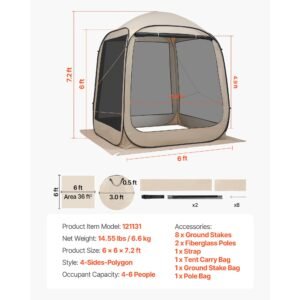 screen house tent, 6 x 6 ft, 4 6 person pop up screen tent, portable screened in canopy with carry bag, netting sides, ground stakes, for garden, patio, backyard, and outdoor activities, beige