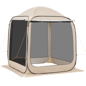 screen house tent, 6 x 6 ft, 4 6 person pop up screen tent with extended awning, portable screened in canopy with carry bag, netting sides, for patio, backyard, and outdoor activities, beige
