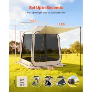 screen house tent, 6 x 6 ft, 4 6 person pop up screen tent with extended awning, portable screened in canopy with carry bag, netting sides, for patio, backyard, and outdoor activities, beige