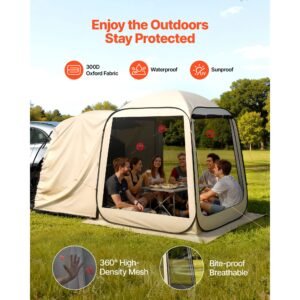 screen house tent, 6 x 6 ft, 4 6 person pop up suv tailgate tent, portable screened in canopy with carry bag, netting sides, for car camping, garden, patio, backyard, outdoor activities, beige
