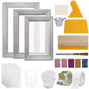 Screen Printing Kit, 3 PCS Aluminum Silk Screen Printing Frames, 5 Glitters and Screen Printing Squeegees and Transparency Films, 6x10/8x12/10x14inch 110 Count Mesh, for DIY T-shirts Printing