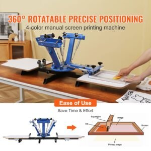 screen printing machine, 4 color 2 station, 360° rotable silk screen printing press, 21.2 x 17.7in / 54 x 45cm screen printing press, dual layer positioning pallet for diy t shirt printing