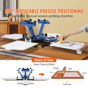 screen printing machine, 4 color 4 station 360° rotable silk screen printing press, 21.2x17.7in screen printing press, double layer positioning pallet for t shirt diy printing