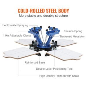 screen printing machine, 4 color 4 station 360° rotable silk screen printing press, 21.2x17.7in screen printing press, double layer positioning pallet for t shirt diy printing