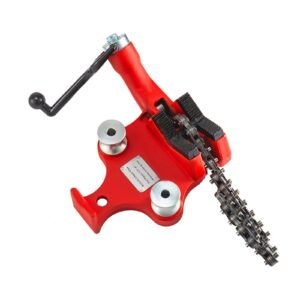 screw bench chain vise 1/8 to 5 inch pipe capacity, heavy duty bench chain pipe vise with crank handle, neoprene coated jaw, cast iron material ideal for a variety of pipes