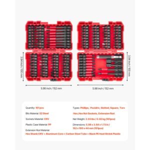 screwdriver bit set, 101 piece, magnetic phillips, pozidriv, slotted, square, torx, hex bits, hex nut sockets, extension rod with storage case, high strength s2 alloy steel, blackened finish