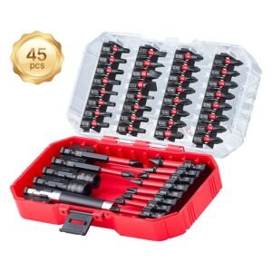 screwdriver bit set, 45 piece, magnetic phillips, slotted, square, torx bit, hex nut sockets, extension rod with transparent storage case, high strength s2 alloy steel, blackened finish