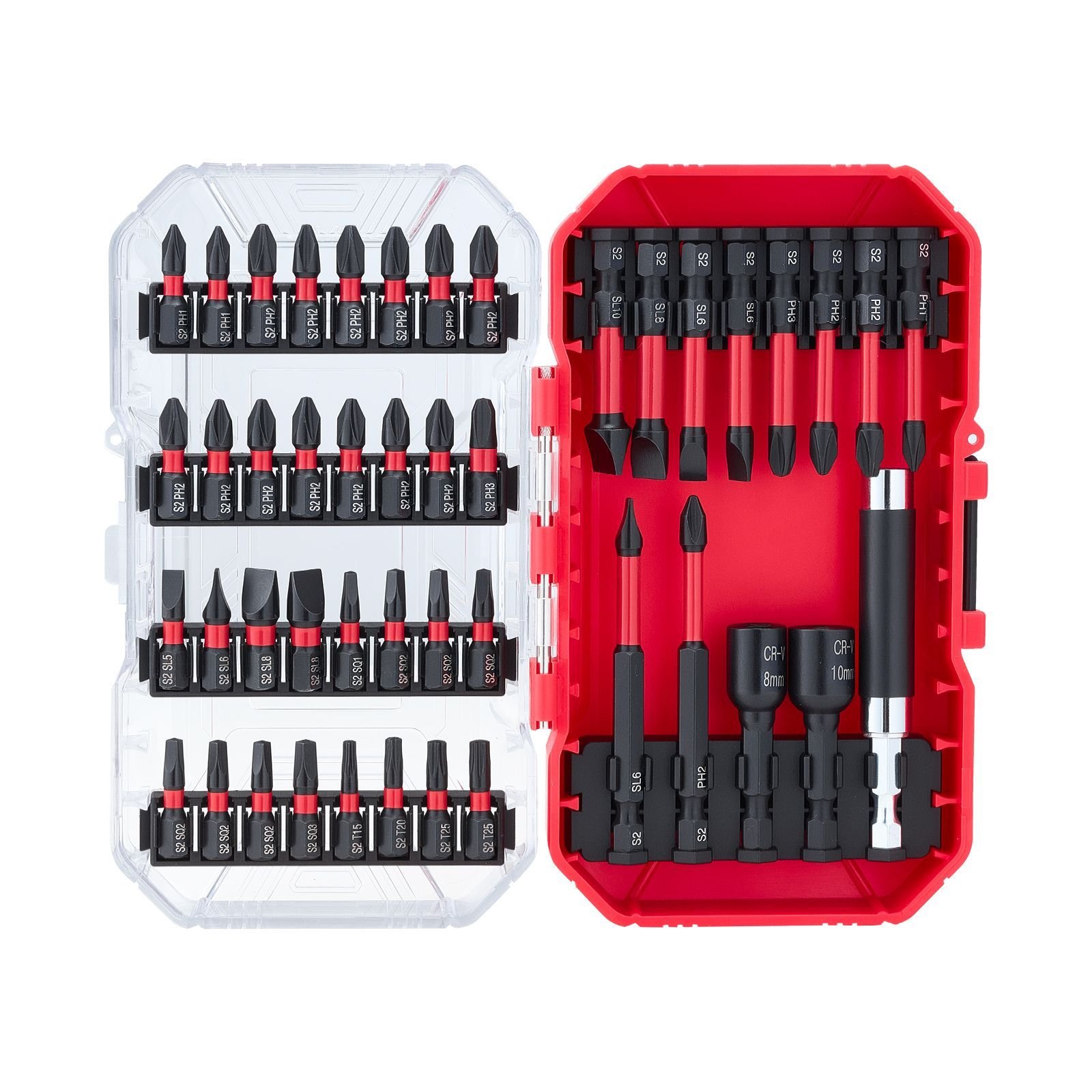 screwdriver bit set, 45 piece, magnetic phillips, slotted, square, torx bit, hex nut sockets, extension rod with transparent storage case, high strength s2 alloy steel, blackened finish
