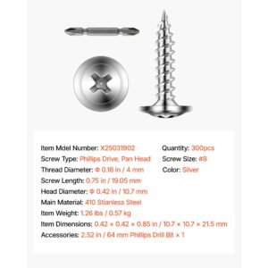 screws, #8 x 3/4 inch length self drilling drywall to wood screw, all purpose high hardness stainless steel wall anchors with a phillips drill bit, cross slot for home renovation(300 per box)