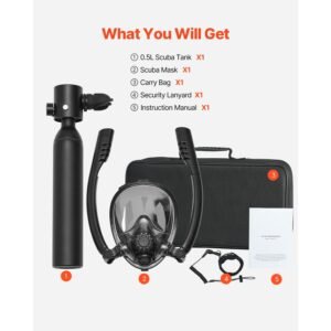 scuba tank, 0.5l portable scuba diving tank, diving oxygen cylinder supports 5 10 minutes underwater breathing, 98.43 ft diving depth, lung tank kit with snorkel mask for underwater exploration