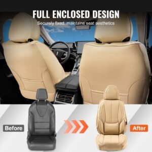 seat covers, universal car seat covers front seats, 6pcs faux leather seat cover, full enclosed design, detachable headrest and airbag compatible, for most cars suvs and trucks beige