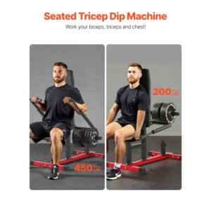 seated dip machine, tricep bicep press down machine with cable bar, adjustable seat, and backrest, exercise equipment for chest training, upper body push fitness workout, hold up to 450lbs