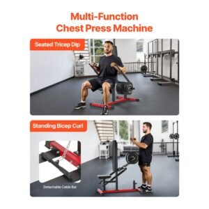 seated dip machine, tricep bicep press down machine with cable bar, adjustable seat, and backrest, exercise equipment for chest training, upper body push fitness workout, hold up to 450lbs