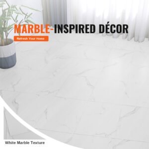 self adhesive vinyl floor tiles 12 x 12 inch, 50 tiles 1.5mm thick peel & stick, white marble texture diy flooring for kitchen, dining room, bedrooms & bathrooms, easy for home decor