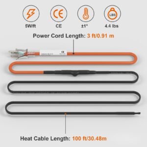 self regulating pipe heating cable, 100 feet 5w/ft heat tape for pipes freeze protection, protects pvc hose, metal and plastic pipe from freezing, 120v