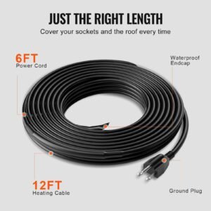 self regulating pipe heating cable, 12ft 5w/ft heat tape for pipes, roof snow melting de icing, gutter and pipe freeze protection