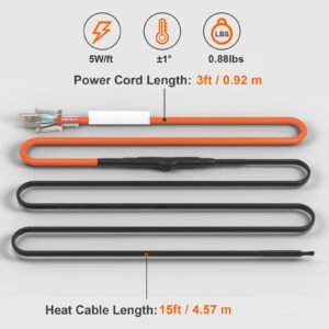 self regulating pipe heating cable, 15ft 5w/ft heat tape for pipes freeze protection, water pipe heat cable with built in thermostat protects pvc hose, metal and plastic pipe from freezing