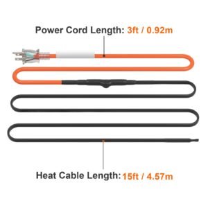 self regulating pipe heating cable, 15ft 5w/ft heat tape for pipes freeze protection, water pipe heat cable with built in thermostat protects pvc hose, metal and plastic pipe from freezing