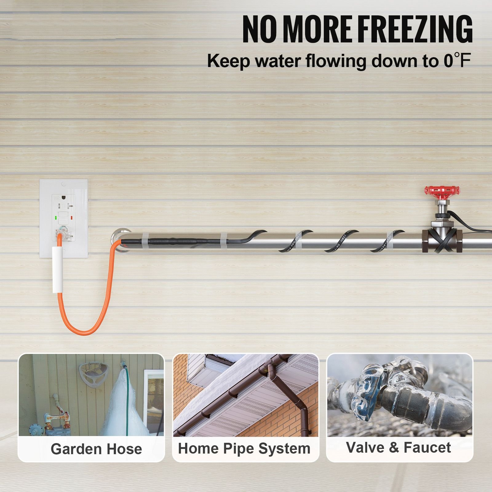 self regulating pipe heating cable, 15ft 5w/ft heat tape for pipes freeze protection, water pipe heat cable with built in thermostat protects pvc hose, metal and plastic pipe from freezing