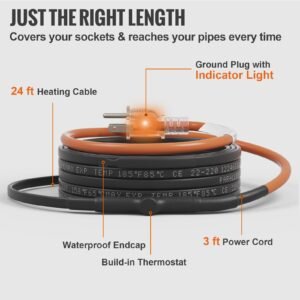 self regulating pipe heating cable, 24 feet 5w/ft heat tape for pipes freeze protection, protects pvc hose, metal and plastic pipe from freezing, 120v