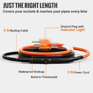 self regulating pipe heating cable, 3ft 5w/ft heat tape for pipes freeze protection, water pipe heat cable with built in thermostat protects pvc hose, metal and plastic pipe from freezing