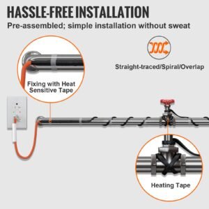 self regulating pipe heating cable, 3ft 5w/ft heat tape for pipes freeze protection, water pipe heat cable with built in thermostat protects pvc hose, metal and plastic pipe from freezing