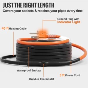 self regulating pipe heating cable, 40ft 5w/ft heat tape for pipes freeze protection, water pipe heat cable with built in thermostat protects pvc hose, metal and plastic pipe from freezing