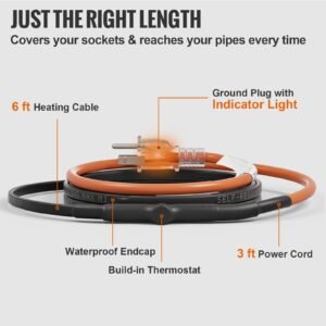 self regulating pipe heating cable, 6 feet 5w/ft heat tape for pipes freeze protection, protects pvc hose, metal and plastic pipe from freezing, 120v