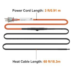 self regulating pipe heating cable, 60 feet 5w/ft heat tape for pipes freeze protection, protects pvc hose, metal and plastic pipe from freezing, 120v