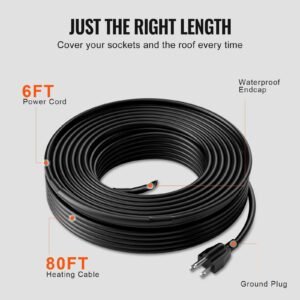 self regulating pipe heating cable, 80ft 5w/ft heat tape for pipes, roof snow melting de icing, gutter and pipe freeze protection