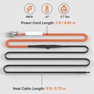 self regulating pipe heating cable, 9ft 5w/ft heat tape for pipes freeze protection, water pipe heat cable with built in thermostat protects pvc hose, metal and plastic pipe from freezing