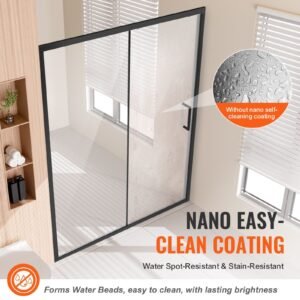 semi frameless shower door, 57.7 59 w x 70 h in, shower sliding glass door with 1/4 in(6mm) clear tempered glass, waterproof shatterproof stainproof with stainless steel hardware, matte black