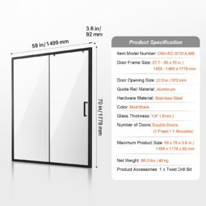 semi frameless shower door, 57.7 59 w x 70 h in, shower sliding glass door with 1/4 in(6mm) clear tempered glass, waterproof shatterproof stainproof with stainless steel hardware, matte black