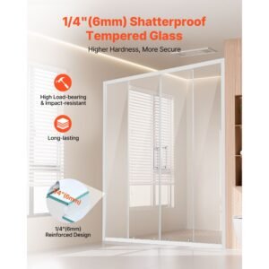 semi frameless shower door, 57.8 59 w x 70 h in, double sliding glass door with 1/4 in(6mm) clear tempered glass, waterproof shatterproof nano stainproof with stainless steel hardware, chrome