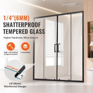 semi frameless shower door, 57.8 59 w x 70 h in, double sliding glass door with 1/4 in(6mm) clear tempered glass, waterproof shatterproof stainproof with stainless steel hardware, matte black
