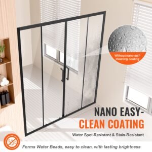 semi frameless shower door, 57.8 59 w x 70 h in, double sliding glass door with 1/4 in(6mm) clear tempered glass, waterproof shatterproof stainproof with stainless steel hardware, matte black