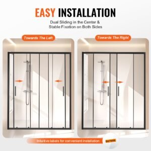 semi frameless shower door, 57.8 59 w x 70 h in, double sliding glass door with 1/4 in(6mm) clear tempered glass, waterproof shatterproof stainproof with stainless steel hardware, matte black