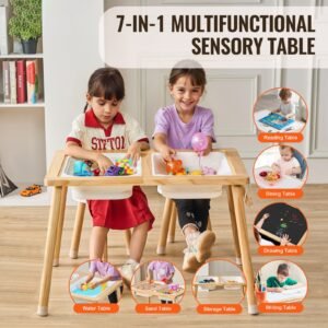 sensory table and chairs set, toddlers activity table with 2 stools, 2 storage bins & paper roll holder, indoor/outdoor play sand and water table, wooden kids sensory table gift for boys girls