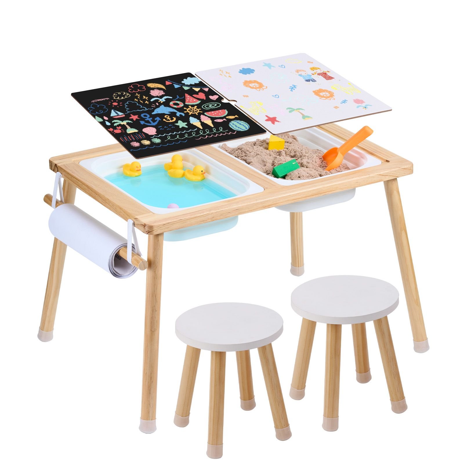 sensory table and chairs set, toddlers activity table with 2 stools, 2 storage bins & paper roll holder, indoor/outdoor play sand and water table, wooden kids sensory table gift for boys girls