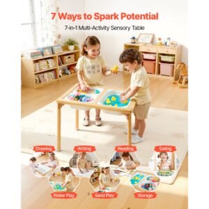 sensory table for toddlers, foldable wooden kids activity table with double sided board, storage bins, and non slip feet, for boys and girls playing sand and water, drawing, studying, dining