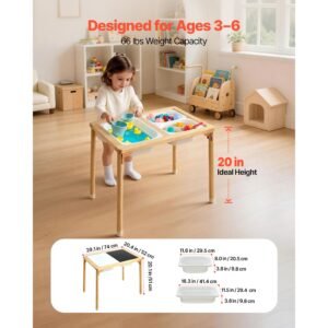 sensory table for toddlers, foldable wooden kids activity table with double sided board, storage bins, and non slip feet, for boys and girls playing sand and water, drawing, studying, dining