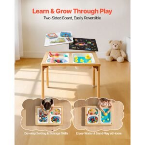 sensory table for toddlers, foldable wooden kids activity table with double sided board, storage bins, and non slip feet, for boys and girls playing sand and water, drawing, studying, dining
