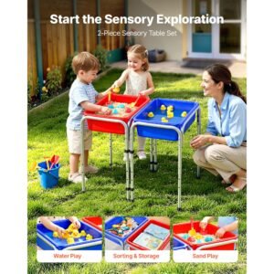 sensory table for toddlers, kids 2 station sand and water adjustable play table with detachable storage bins and non slip feet, carbon steel frame, rounded corners, for boys and girls exploring