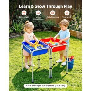 sensory table for toddlers, kids 2 station sand and water adjustable play table with detachable storage bins and non slip feet, carbon steel frame, rounded corners, for boys and girls exploring