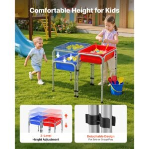sensory table for toddlers, kids 2 station sand and water adjustable play table with detachable storage bins and non slip feet, carbon steel frame, rounded corners, for boys and girls exploring